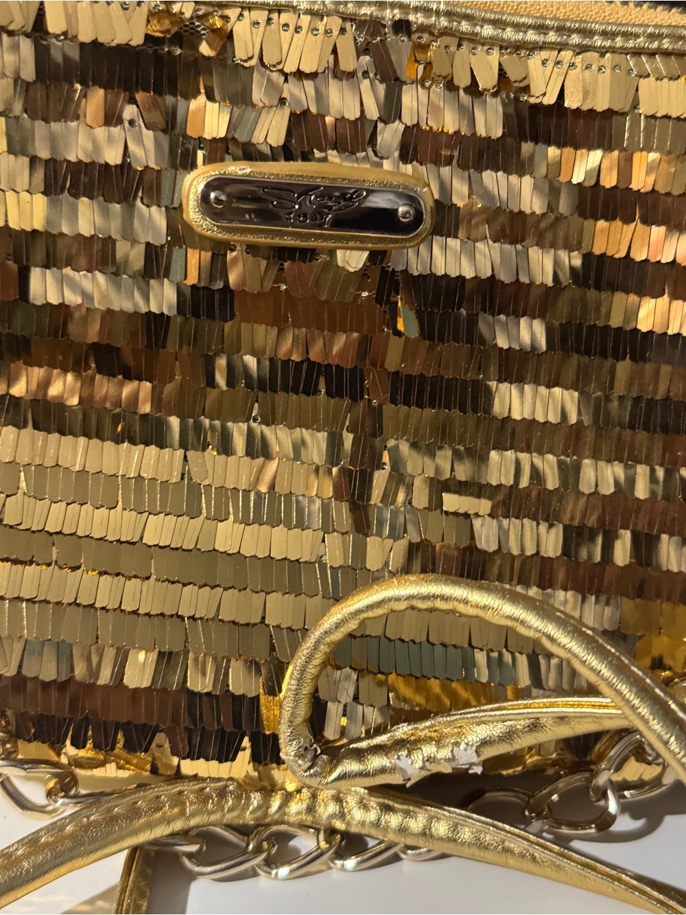 Sharif Gold Sequined Crossbody with Bronze Floral Accent gold clutch Y2K club - Picture 2 of 12